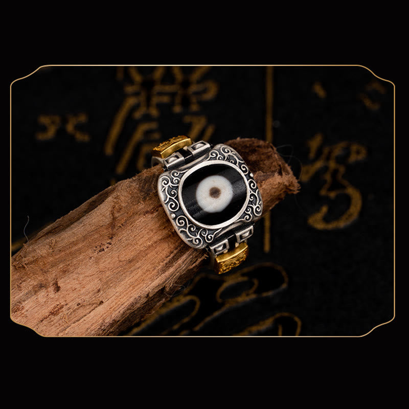 925 Sterling Silver & Gold Zakiram Dzi Bead Adjustable Ring
