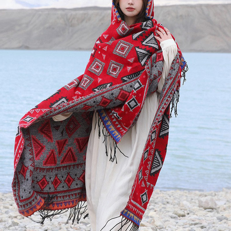 Tibetan Shawl Triangle Pattern Hooded Cloak Winter Cozy Travel Scarf Wrap