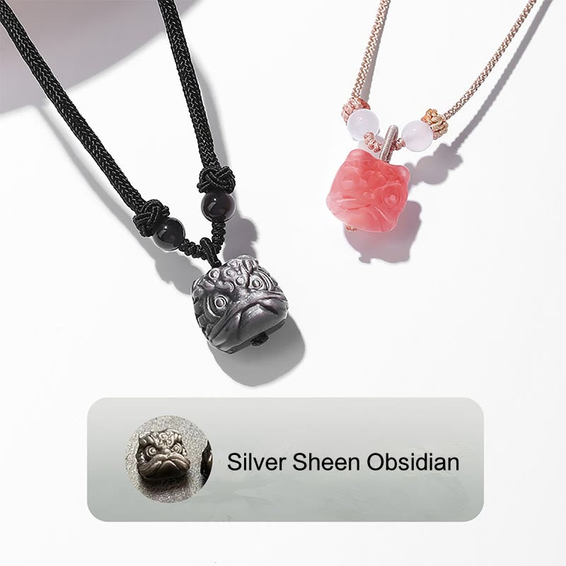 Natural Silver Sheen Obsidian Red Agate Dancing Lion Protection Necklace Pendant