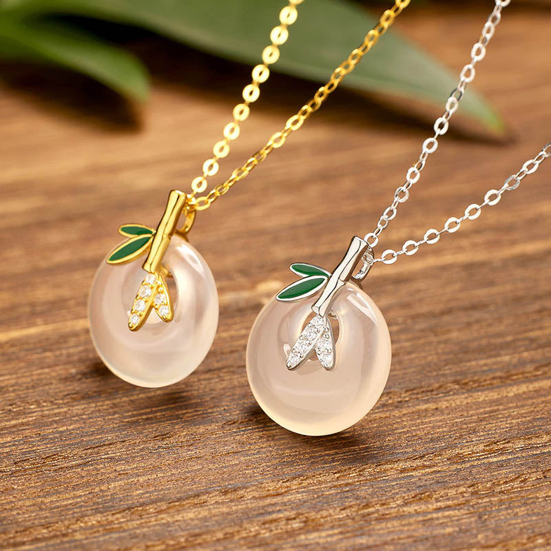 925 Sterling Silver Natural Chalcedony Bamboo Leaf Peace Buckle Positive Necklace Pendant
