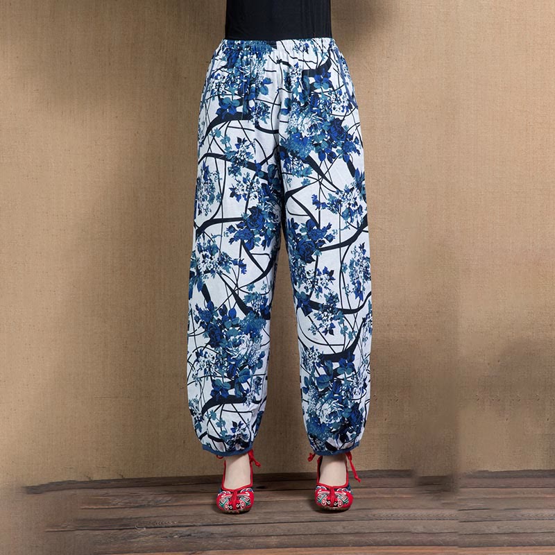 Blue Tree Flowers Print Harem Pants With Pockets