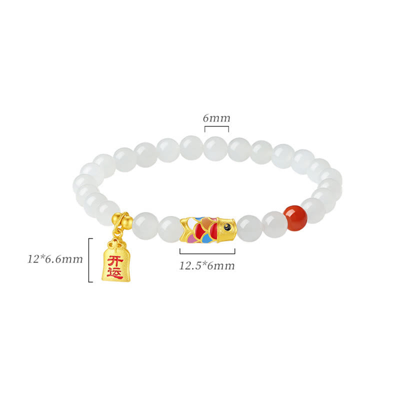 925 Sterling Silver Koi Fish Red Agate & Hetian White Jade Beaded Bracelet