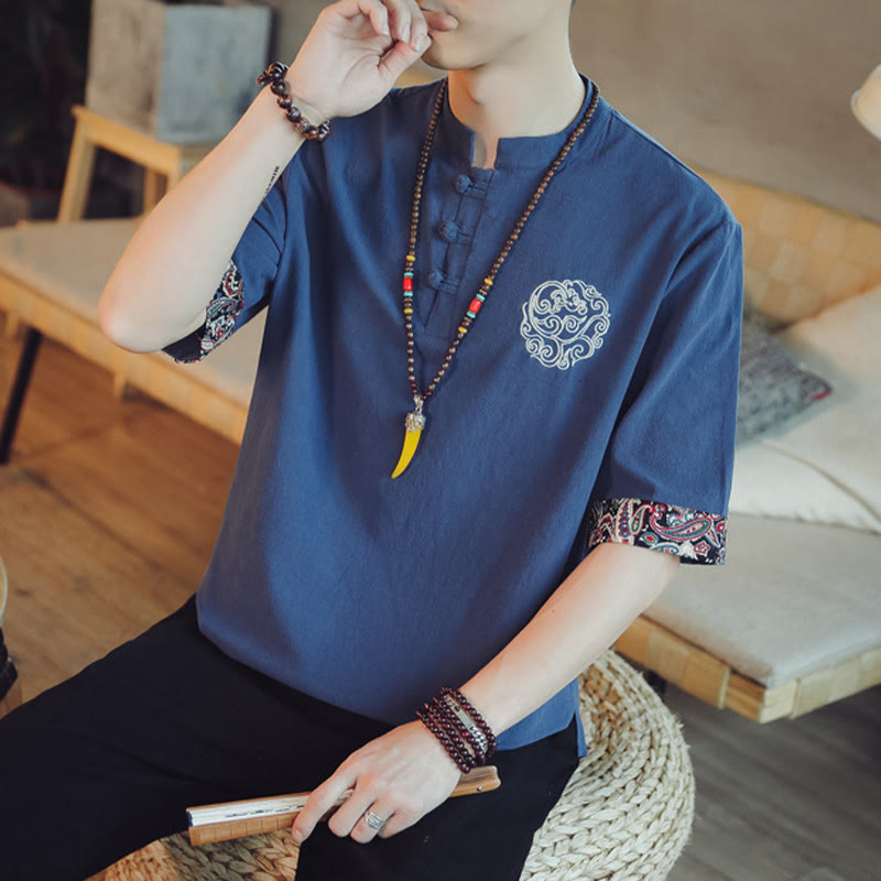 Frog-Button Dragon Embroidery Chinese Tang Suit Short Sleeve Shirt Linen Men Clothing