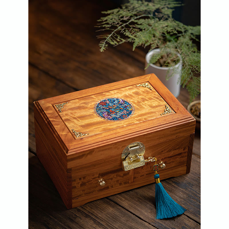 Handmade Antique Rosewood Double Layer Lockable Flower Jewelry Storage Box