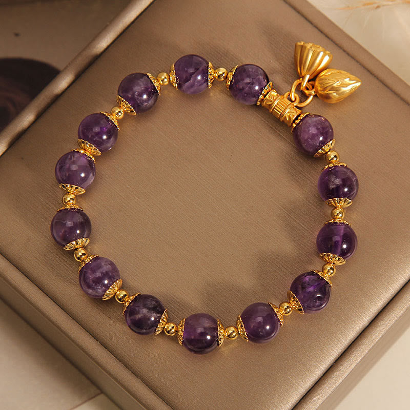 Natural Amethyst Gemstone Lotus Charm Mindfulness Bracelet