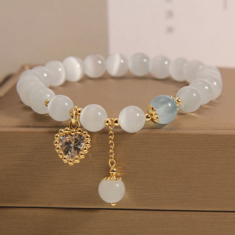 Cat's Eye and Blue Quartz Heart Zircon Charm Beaded Bracelet