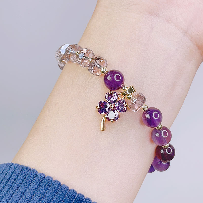 Amethyst Crystal Four Leaf Clover Healing Charm Bracelet