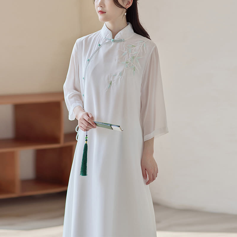 Bamboo Cheongsam Dress Midi Dress Wide Leg Pants Meditation Spiritual Zen Practice Clothing