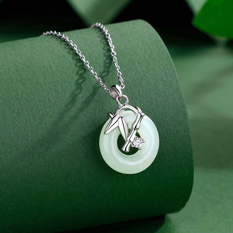 925 Sterling Silver Hetian Jade Bamboo Leaf Peace Buckle Prosperity Necklace Pendant