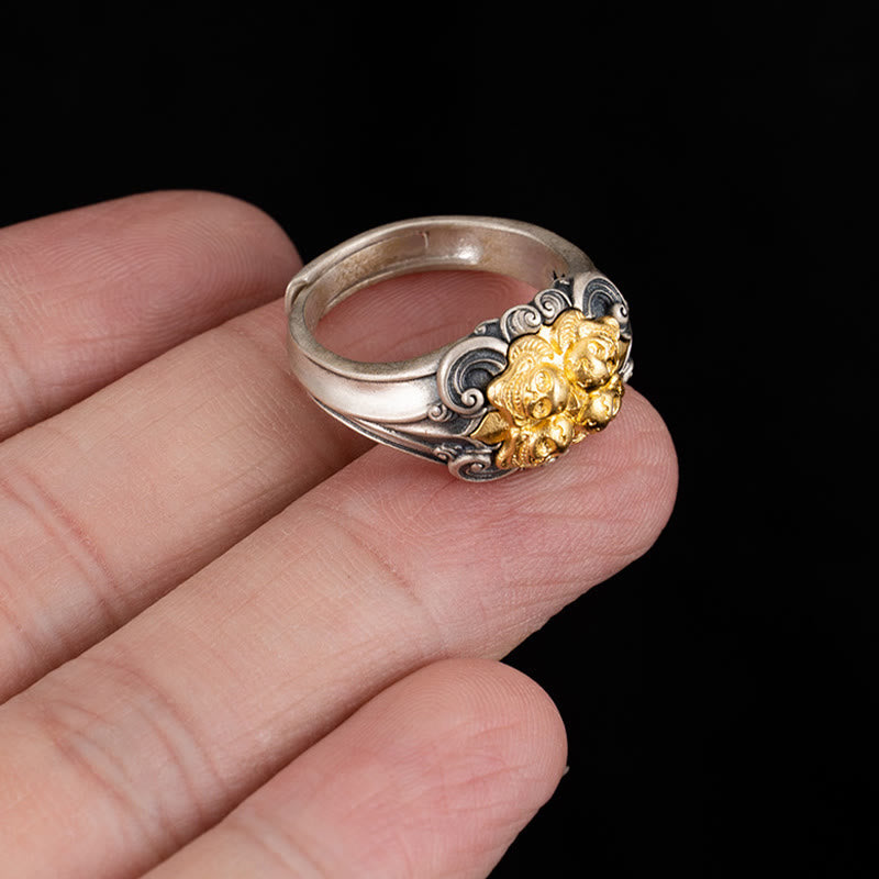 Adjustable 925 Sterling Silver Gold Kapala Tibetan Skull Ring