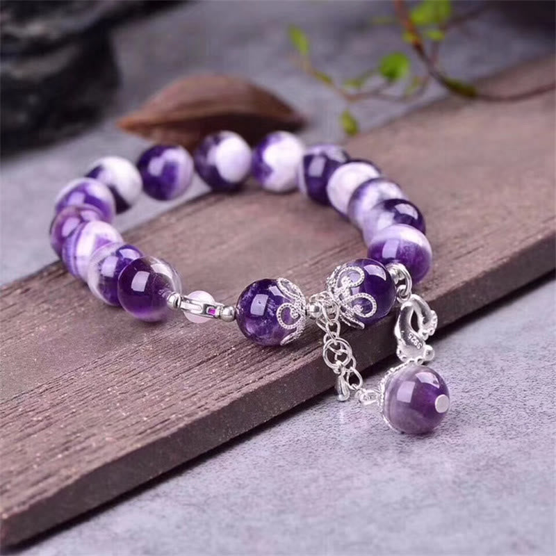925 Sterling Silver Natural Amethyst Healing Feet Love Heart Charm Bracelet