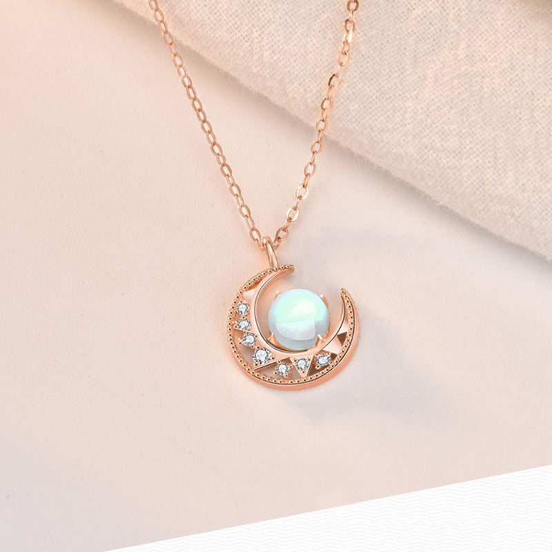 925 Sterling Silver Moonstone Moon Pattern Love Necklace Pendant