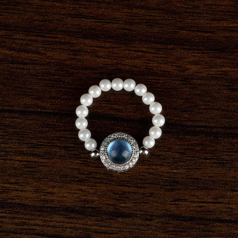 925 Sterling Silver Pearl Blue Chalcedony Healing Chain Bracelet Ring
