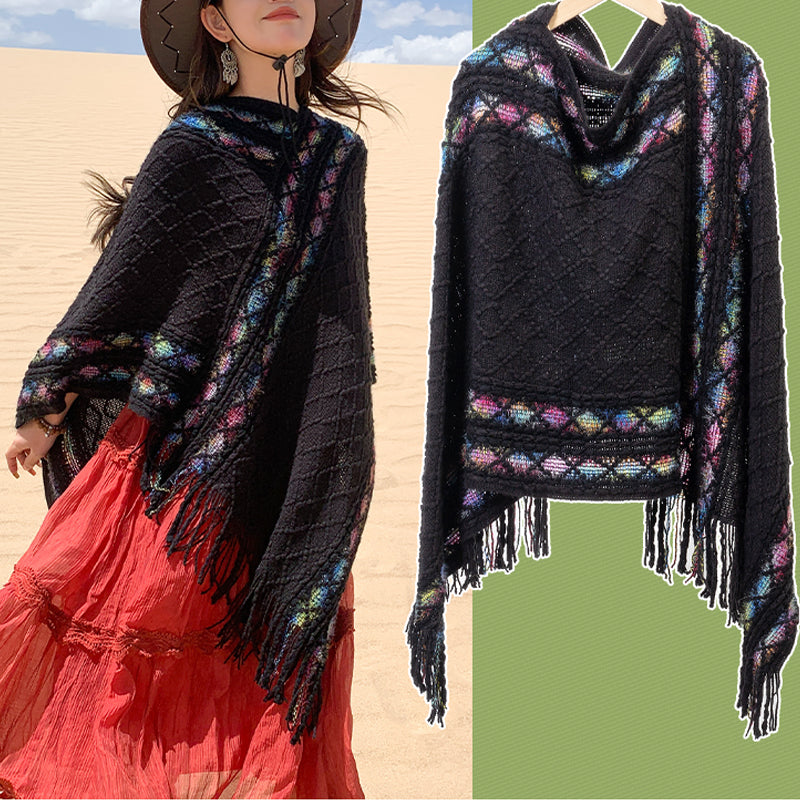 Tactile Knit Geometric Tassel Meditation Shawl Pullover