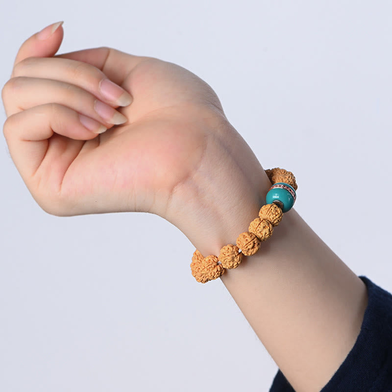 Tibetan Rudraksha & Bodhi Seed Bracelet with Hetian Jade and Gold Sheen Obsidian