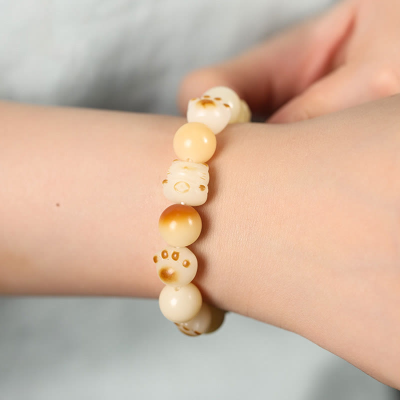Natural Bodhi Seed Sandalwood Lucky Cute Cat Head Paw Claw Peace Bracelet