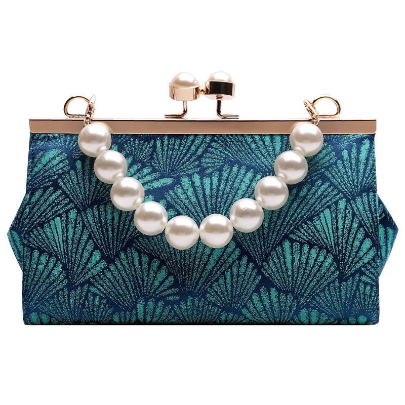Vintage Peacock Blue Leaf Pattern Pearl Metal Handbag