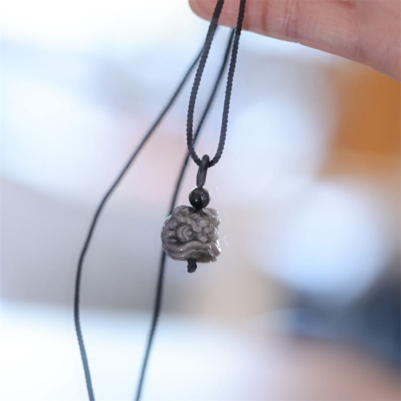 Natural Silver Sheen Obsidian Dancing Lion Protection Necklace Pendant