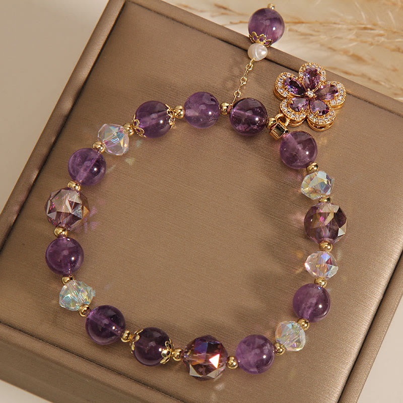 Natural Amethyst and Pearl Flower Charm Transformation Bracelet