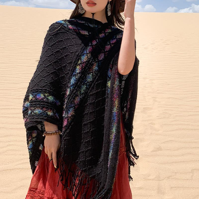 Tactile Knit Geometric Tassel Meditation Shawl Pullover