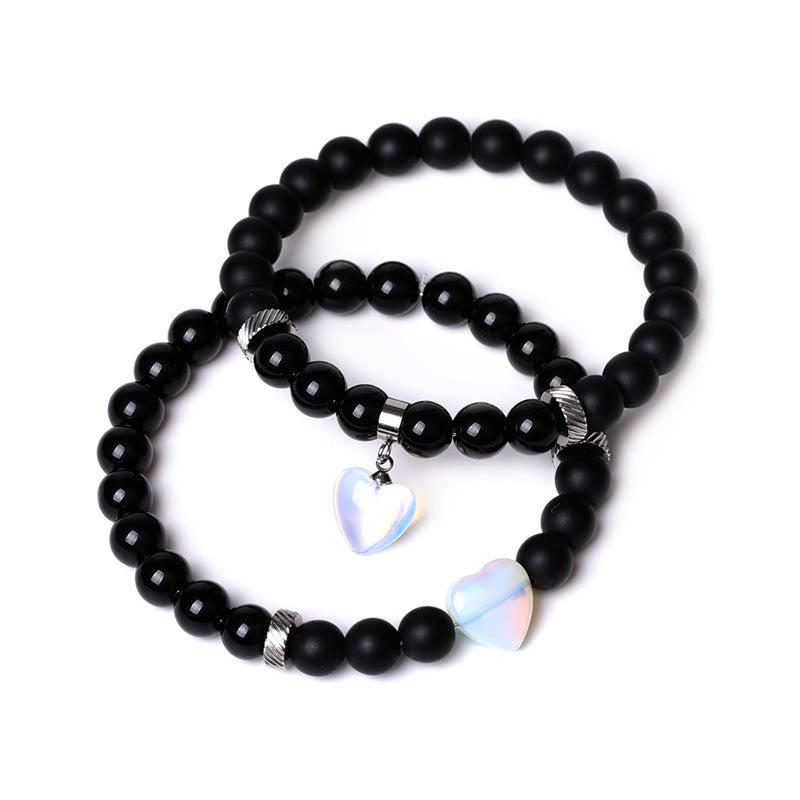 2Pcs Black Onyx Crystal Stone Love Heart Protection Support Couple Bracelet
