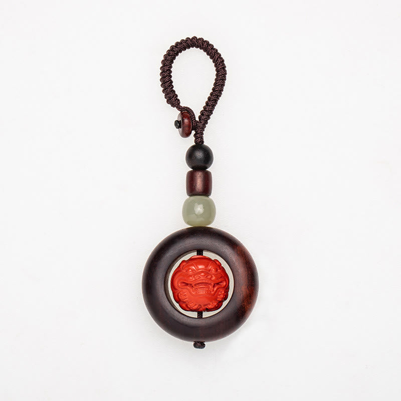 Red Sandalwood & Jade Cinnabar Keychain with Om Mani Padme Hum, Pixiu, or Copper Coin
