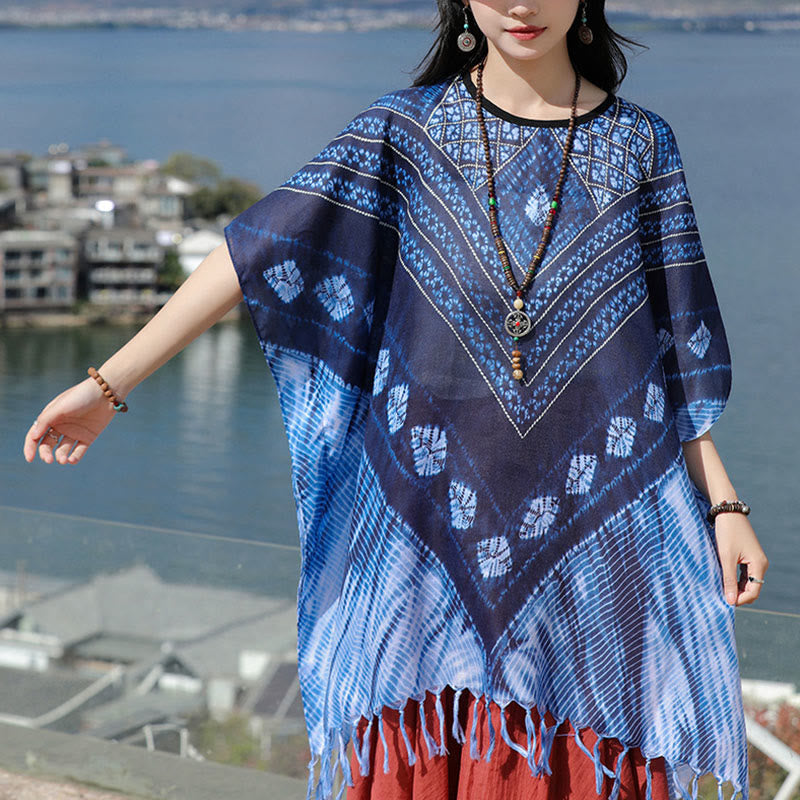 Soft-Touch Blue Geometric Batik Meditation Pullover Shawl