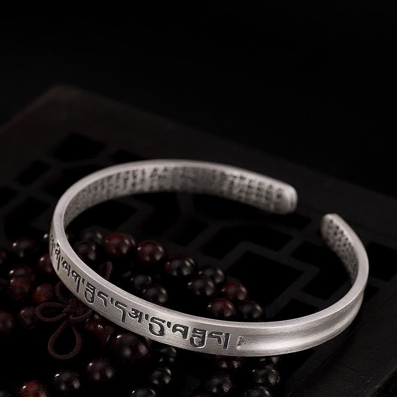999 Sterling Silver Six True Words Heart Sutra Protection Bracelet Bangle