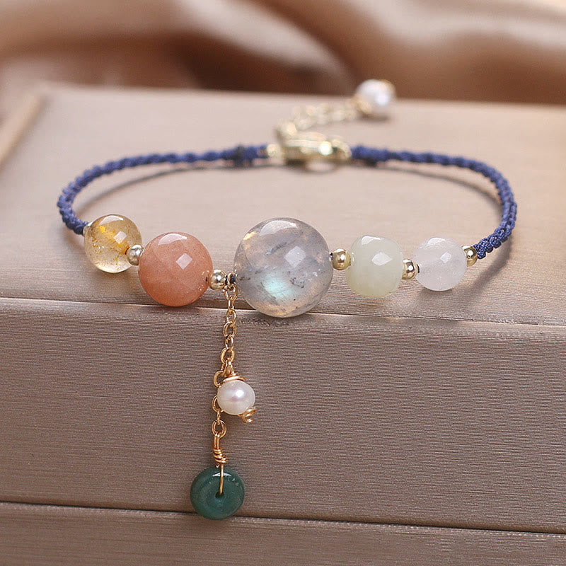 Multi-Gemstone Rope Bracelet with Moonstone, Sunstone, Hetian Jade & Ping An Kou Charm