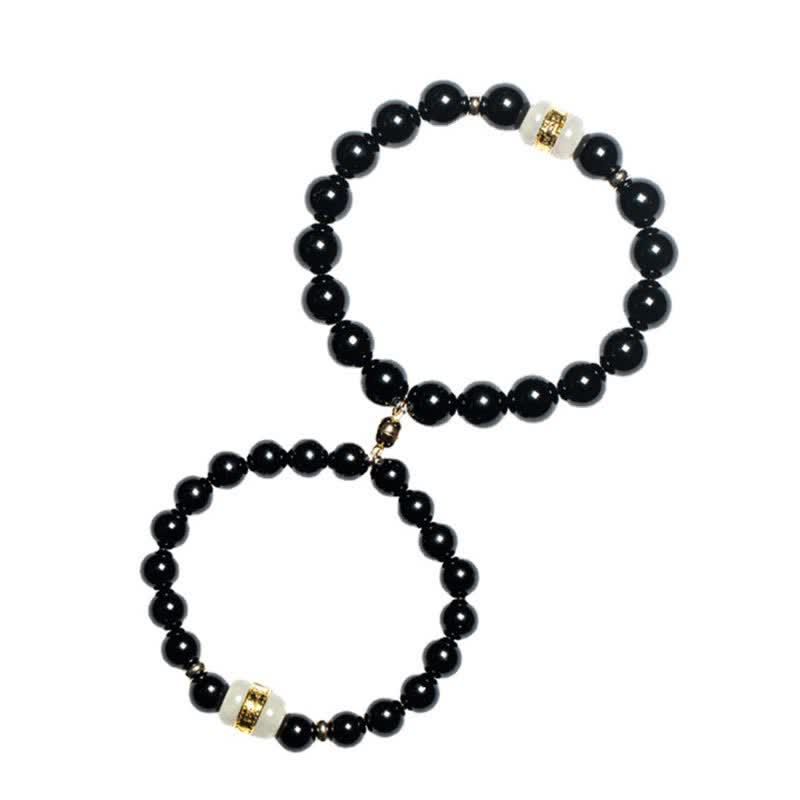 Magnetic Black Obsidian and Jade Om Mani Padme Hum Mantra Gold Plated Couple Bracelet