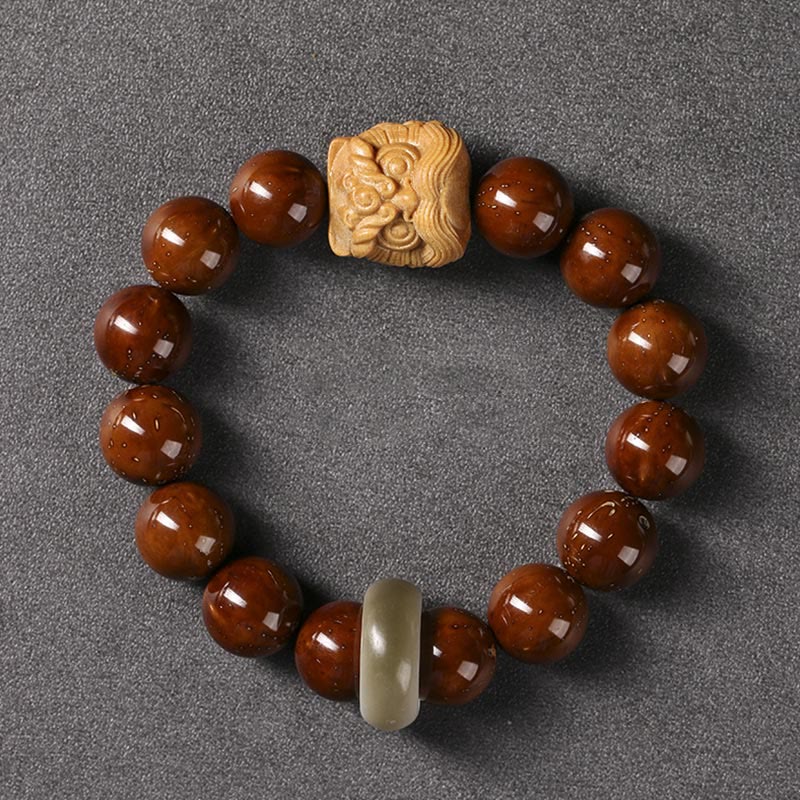 Handcrafted Purple Bodhi Seed Guardian Lion Lotus Beaded Bracelet