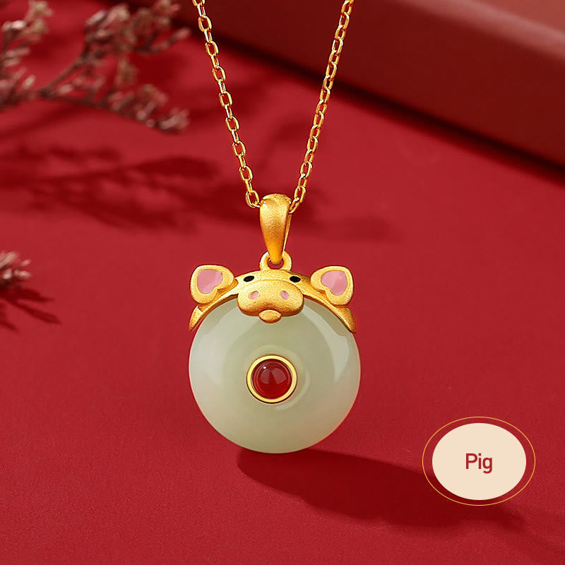 925 Sterling Silver Hetian Jade Chinese Zodiac Year of the Dragon Red Agate Luck Protection Necklace Pendant