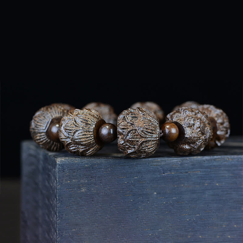 Ebony Wood Eighteen Arhats Lotus Dragon Engraved Balance Bracelet