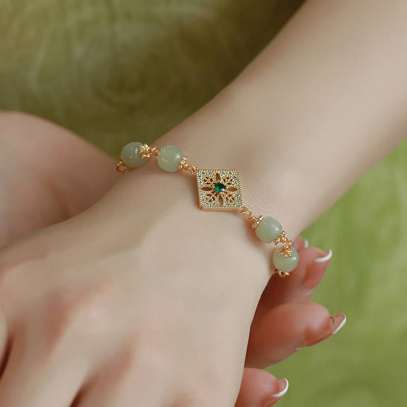 Handcrafted Natural Hetian Jade Bead Square Pattern Chain Bracelet