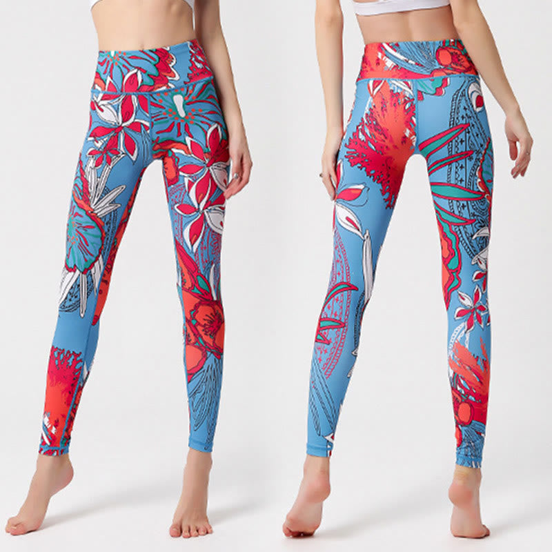 Colorful Flower Petal Leaves Print Sports Exercise Fitness High Waist Leggings Women's Yoga Pants