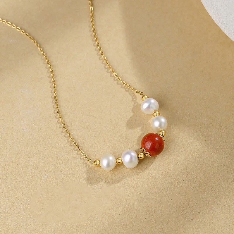 925 Sterling Silver Pearl Cinnabar Sincerity Healing Bead Chain Necklace Pendant
