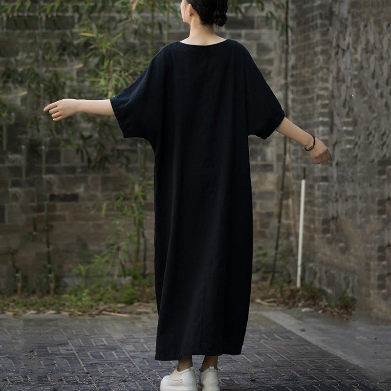 Solid Color V-Neck Half Sleeve Ramie Linen Midi Dress With Pockets