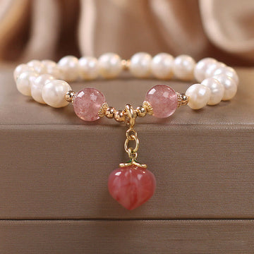 Natural Strawberry Quartz & Pearl Peach Heart Charm Beaded Bracelet