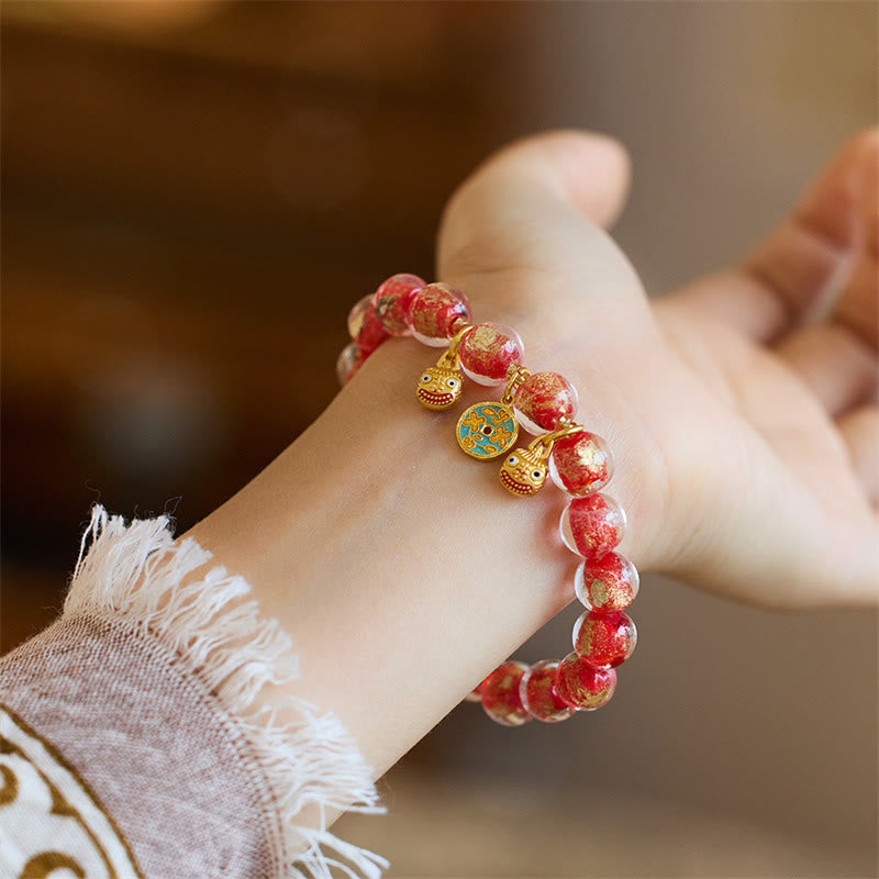 Gold Pixiu and Chinese Coin Liuli Glass Bead Energy Bracelet