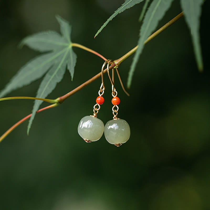 925 Sterling Silver Plated 14k Gold Hetian Jade Red Agate Luck Drop Dangle Earrings