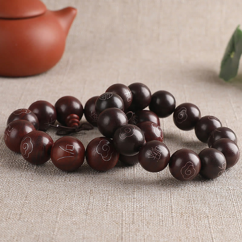 925 Sterling Silver Inlaid Small Leaf Red Sandalwood Om Mani Padme Hum Character Auspicious Clouds Protection Bracelet