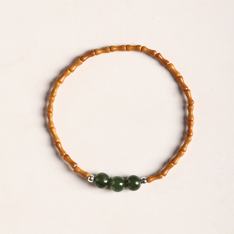 Natural Olive Pit & Hetian Jade Beaded Bracelet with Bamboo Pattern and White Copper Elements