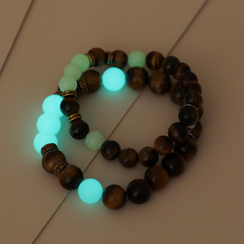 Luminous Tiger Eye and Glowstone Beaded Couple Bracelet Set
