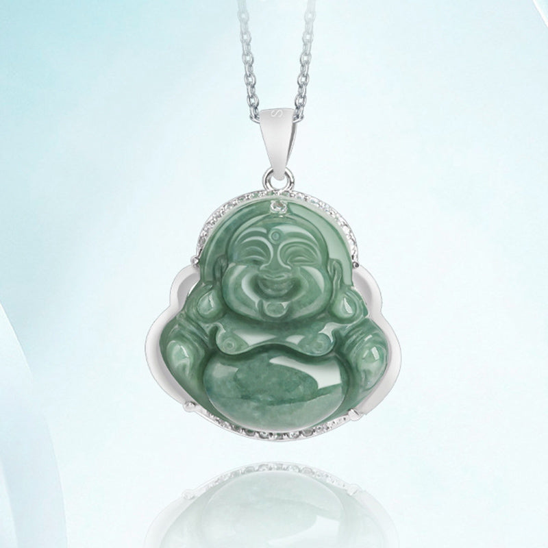 925 Sterling Silver Laughing Buddha Jade Abundance Necklace Chain Pendant