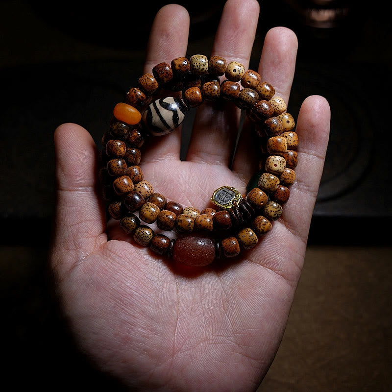 Tibetan Bodhi Seed Amber Dzi Bead Agate Zakiram Goddess of Wealth Beads Triple Wrap Bracelet