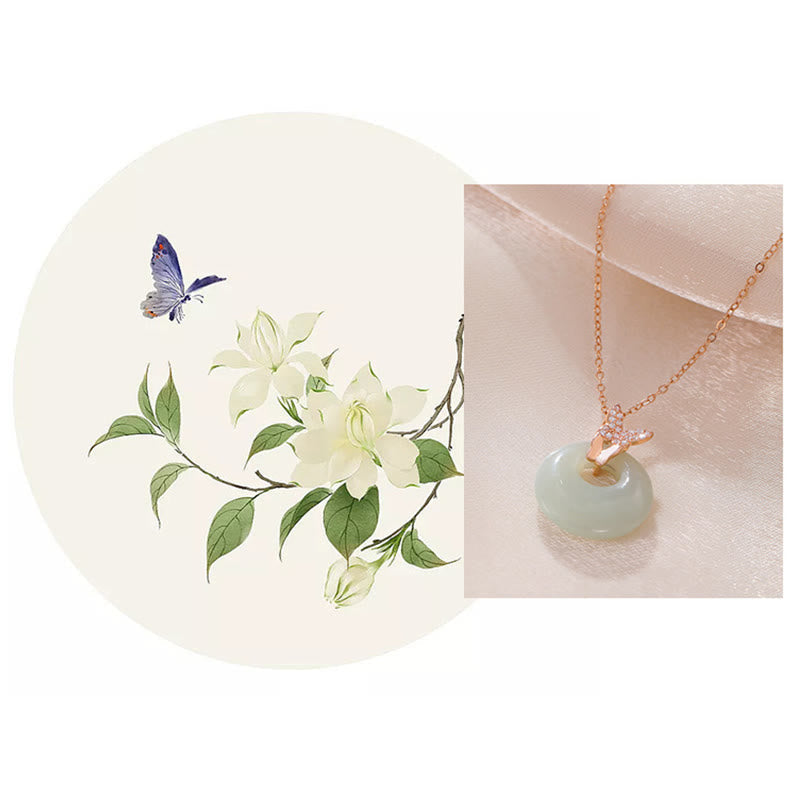 925 Sterling Silver Natural Hetian Jade Zircon Butterfly Luck Necklace Pendant