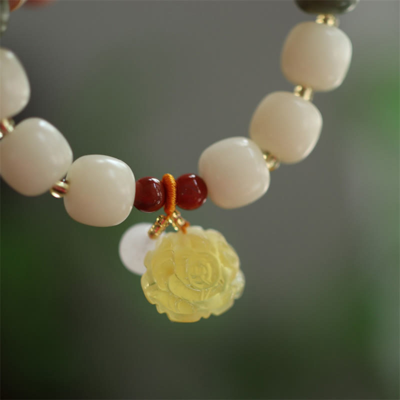 Gradient Bodhi Seed, Amber, Golden Silk Jade & Red Agate Lotus Symbol Unisex Elastic Bracelet