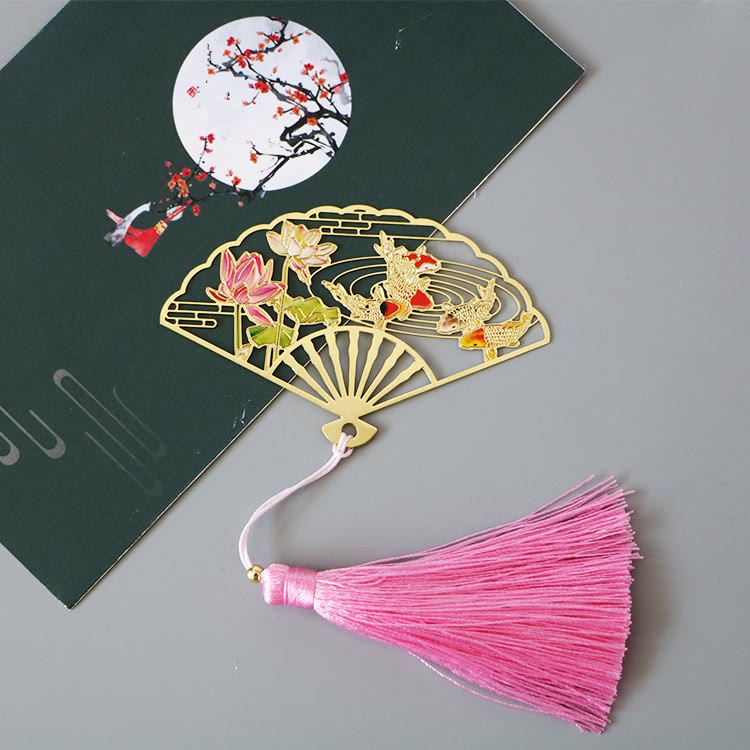 Traditional Butterfly Lotus Flower Crane Dragon Phoenix Fox Koi Fish New Beginning Metal Brass Hollow Fan Bookmarks