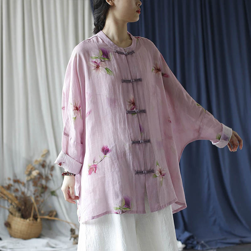 Pink Flower Print Frog-button Design Batwing Long Sleeve Ramie Linen Jacket Shirt