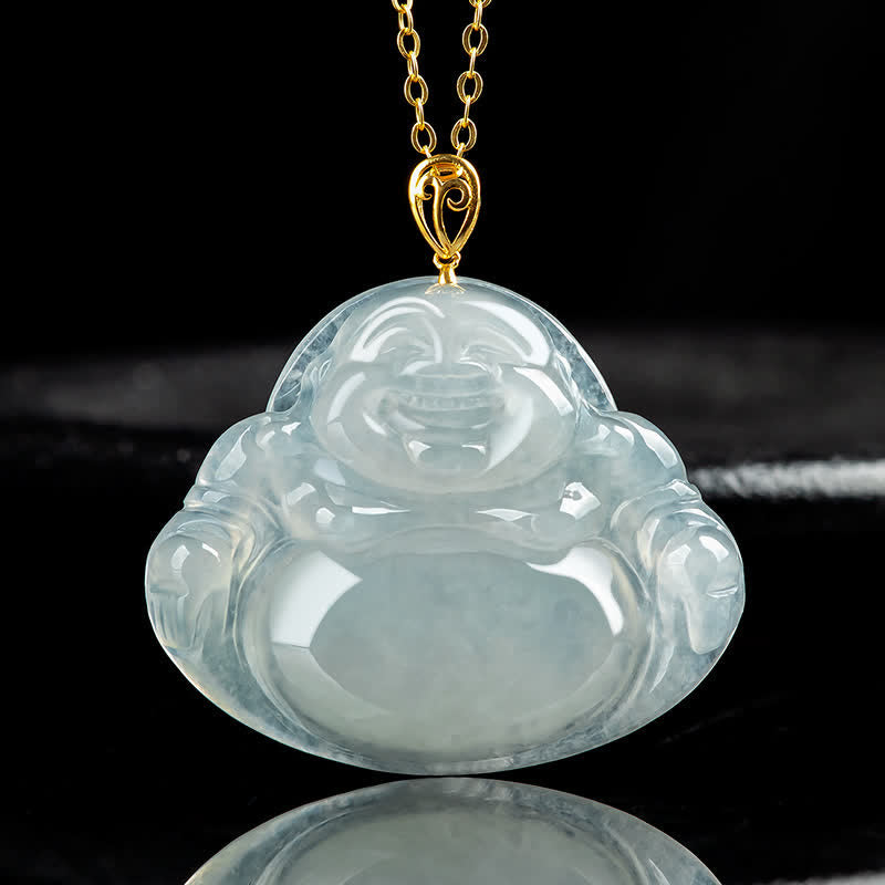 Laughing Buddha Natural Jade 925 Sterling Silver Plated Gold Abundance Necklace Pendant